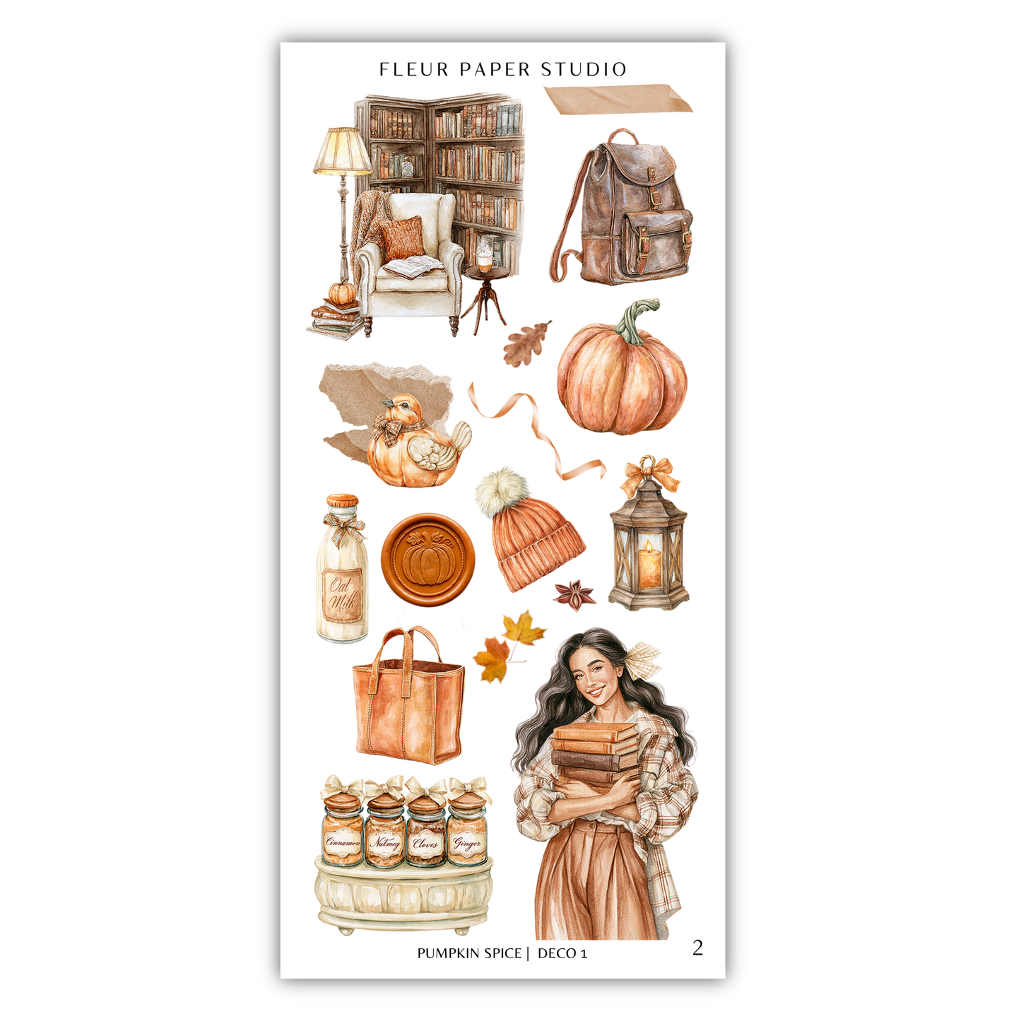 The image is a collage of various autumn-themed items, including a bookshelf, a backpack, a pumpkin, a lantern, a woman, and other seasonal objects.