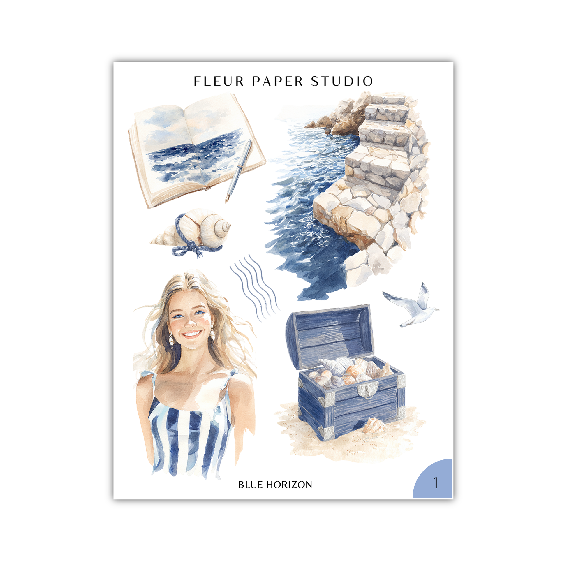 The image is a collage of various watercolor illustrations, including a woman, a book, a bird, a chest, and a rock formation.