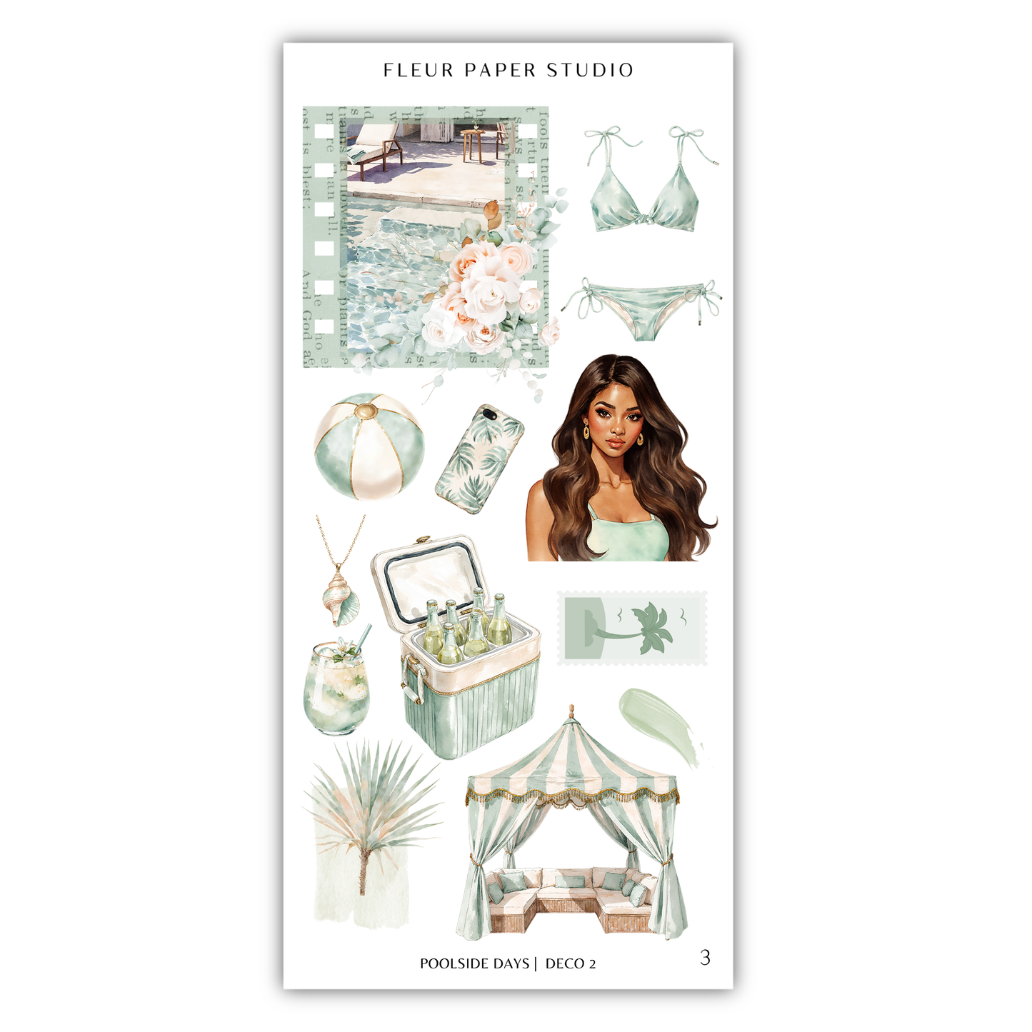 The image is a collage of various objects and illustrations related to the theme of "Poolside Days" from the "Deco 2" collection by Fleur Paper Studio. The collage includes images of a bikini, a woman, a beach ball, a palm tree, a tent, and other beach-related items.