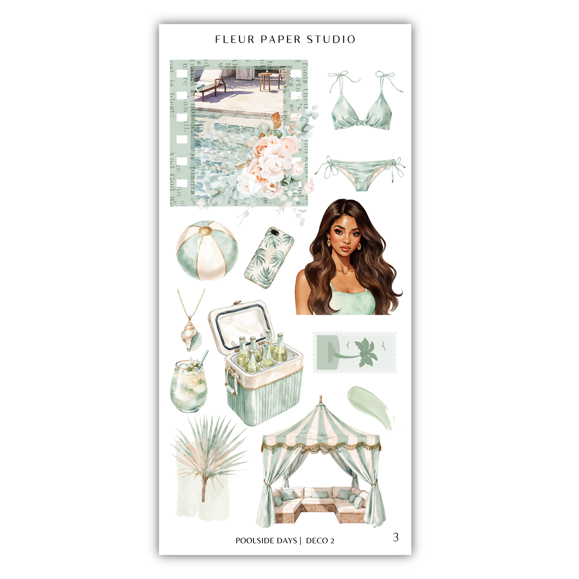 The image is a collage of various objects and illustrations related to the theme of "Poolside Days" from the "Deco 2" collection by Fleur Paper Studio. The collage includes images of a bikini, a woman, a beach ball, a palm tree, a tent, and other beach-related items.