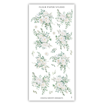 The image is a collage of various floral arrangements, including white flowers and greenery, displayed on a white background.