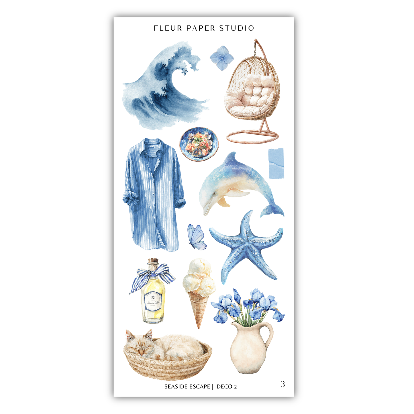 various objects and scenes related to the theme of "Seaside Escape", including a wave, a hanging chair, a cat, a flower, a bottle, a bowl, a starfish, a seashell, a vase, a basket, and a cat.