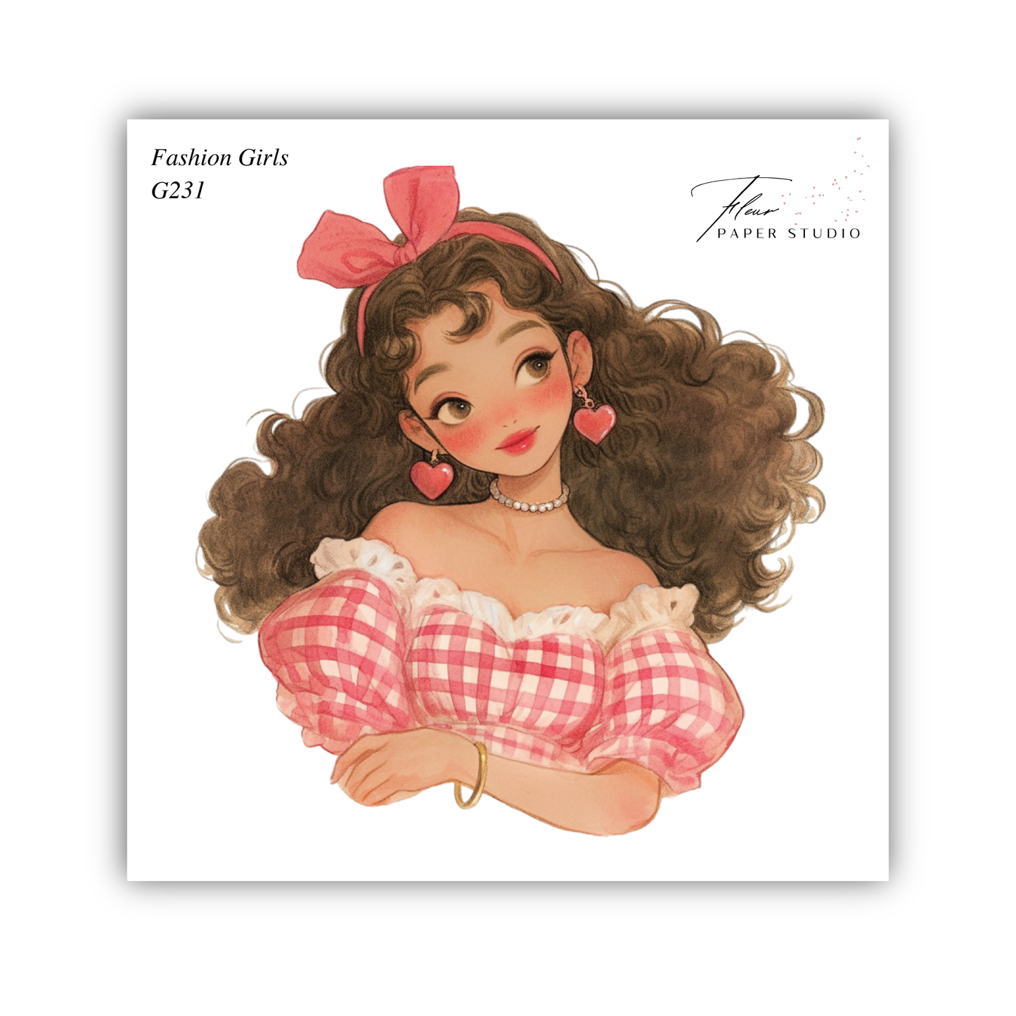 A watercolor illustration of a young woman with curly brown hair wearing a pink and white checkered dress and a pink bow in her hair.