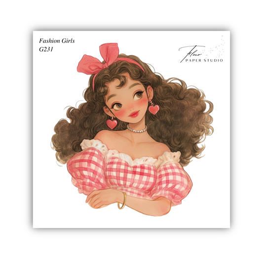 A watercolor illustration of a young woman with curly brown hair wearing a pink and white checkered dress and a pink bow in her hair.