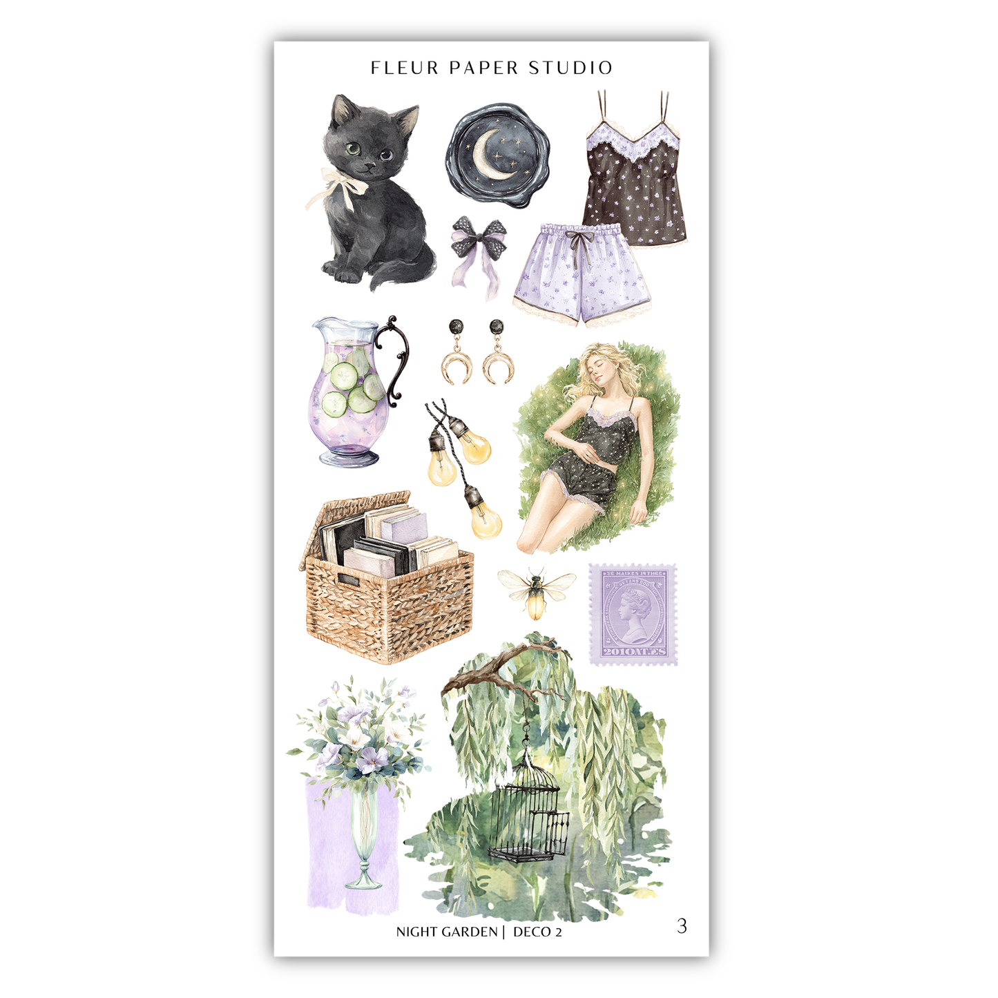 various illustrations and objects related to the theme of "Night Garden", including a black cat, a dress, a woman, a basket, a vase with flowers, a willow tree, and a butterfly.