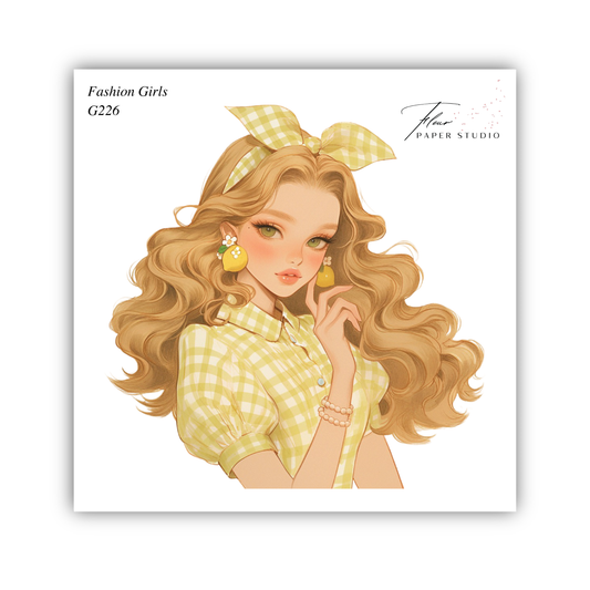 A stylized illustration of a young woman with long, wavy blonde hair wearing a yellow and white checkered dress and a yellow bow in her hair.