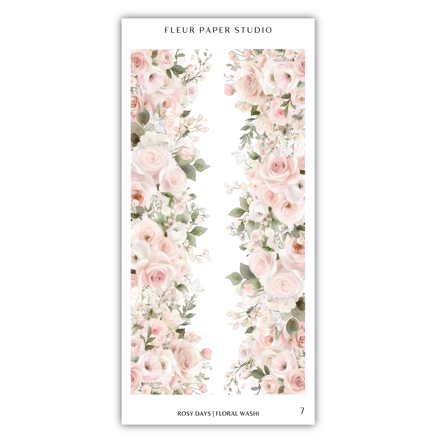 A floral design with pink and white roses and greenery arranged in a vertical pattern.