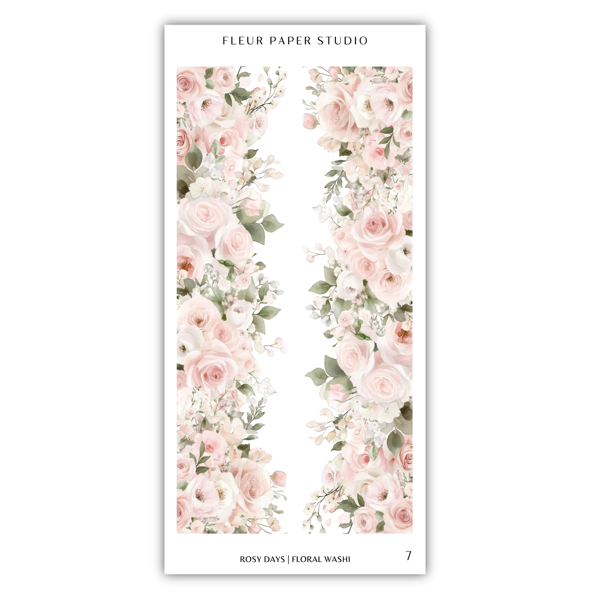 A floral design with pink and white roses and greenery arranged in a vertical pattern.