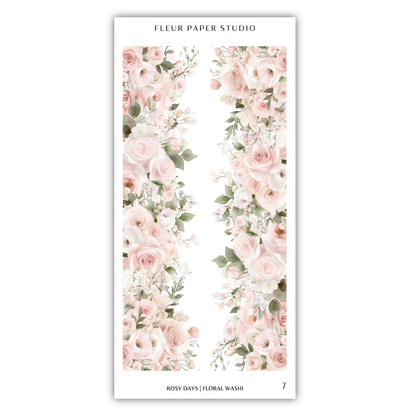 A floral design with pink and white roses and greenery arranged in a vertical pattern.