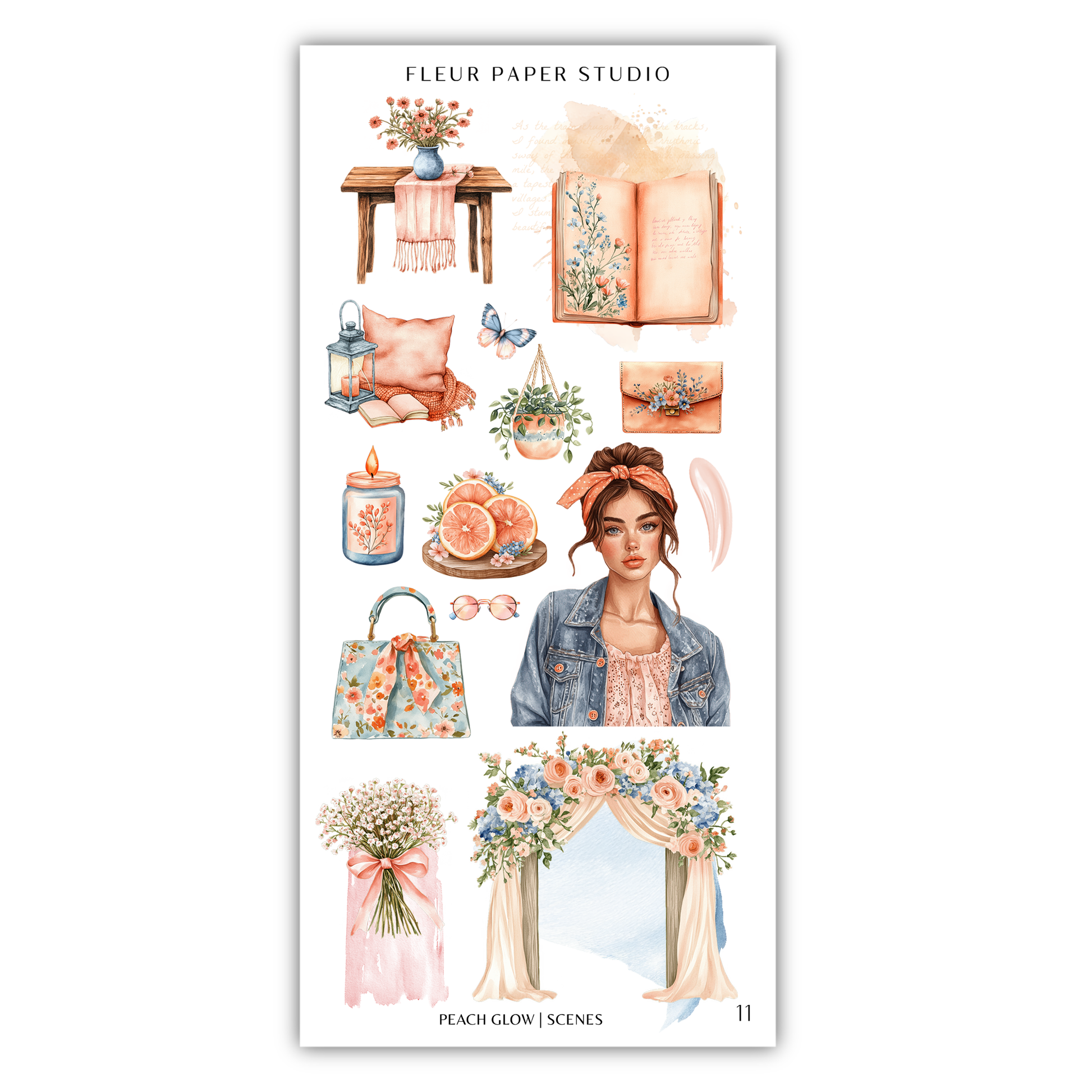 a sticker sheet with a woman and flowers