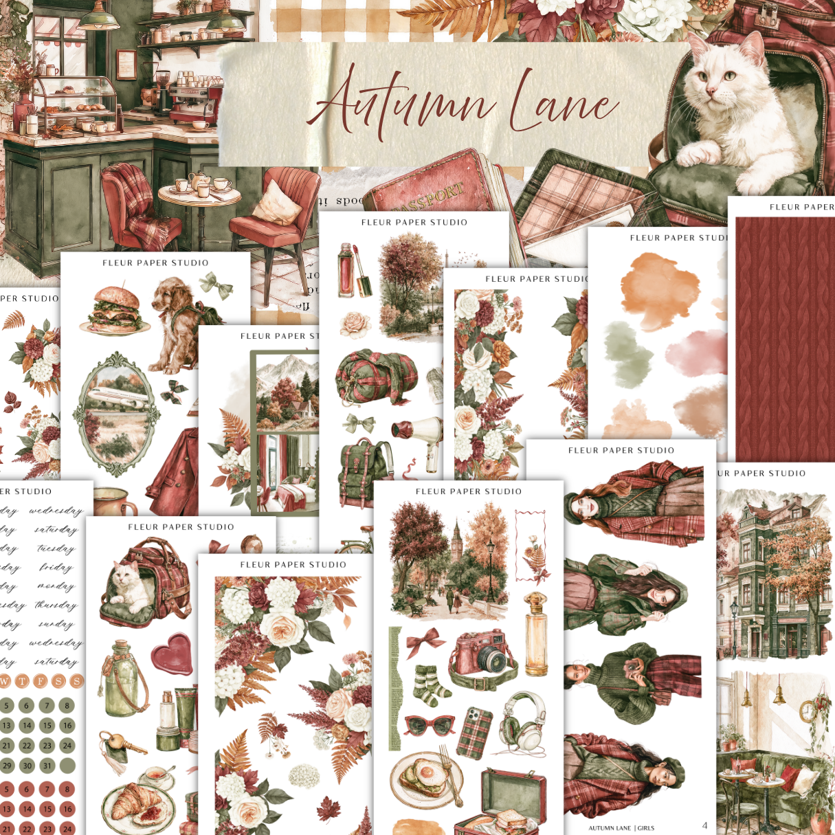 The image is a collage of various illustrations and scenes related to autumn lane, including a cat, a table, chairs, flowers, and other autumn-themed objects.