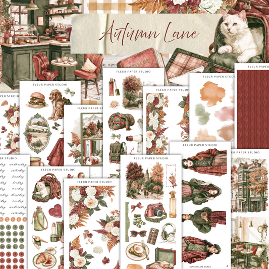 The image is a collage of various illustrations and scenes related to autumn lane, including a cat, a table, chairs, flowers, and other autumn-themed objects.