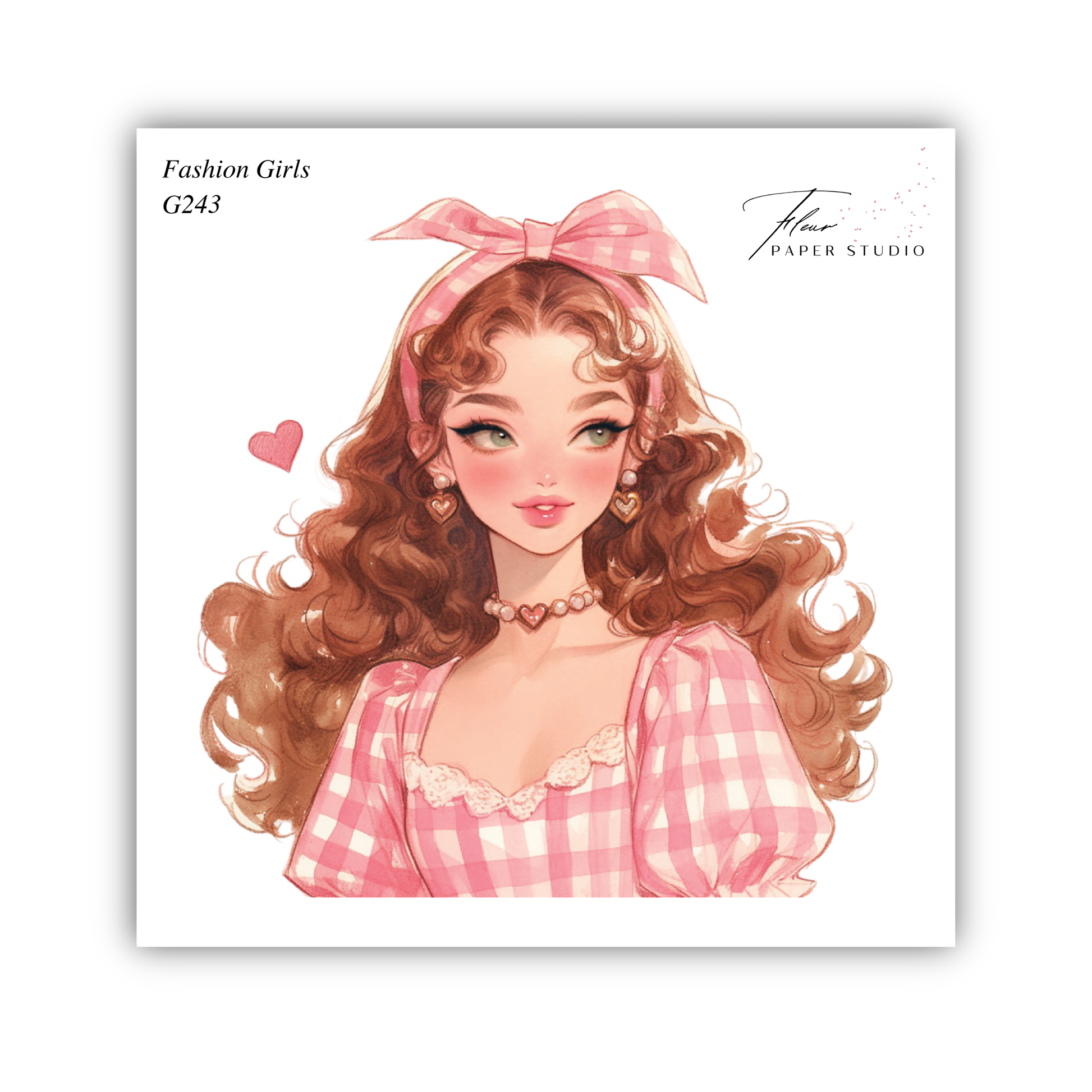 The image is a stylized illustration of a young woman with curly hair wearing a pink and white checkered dress and a pink bow.