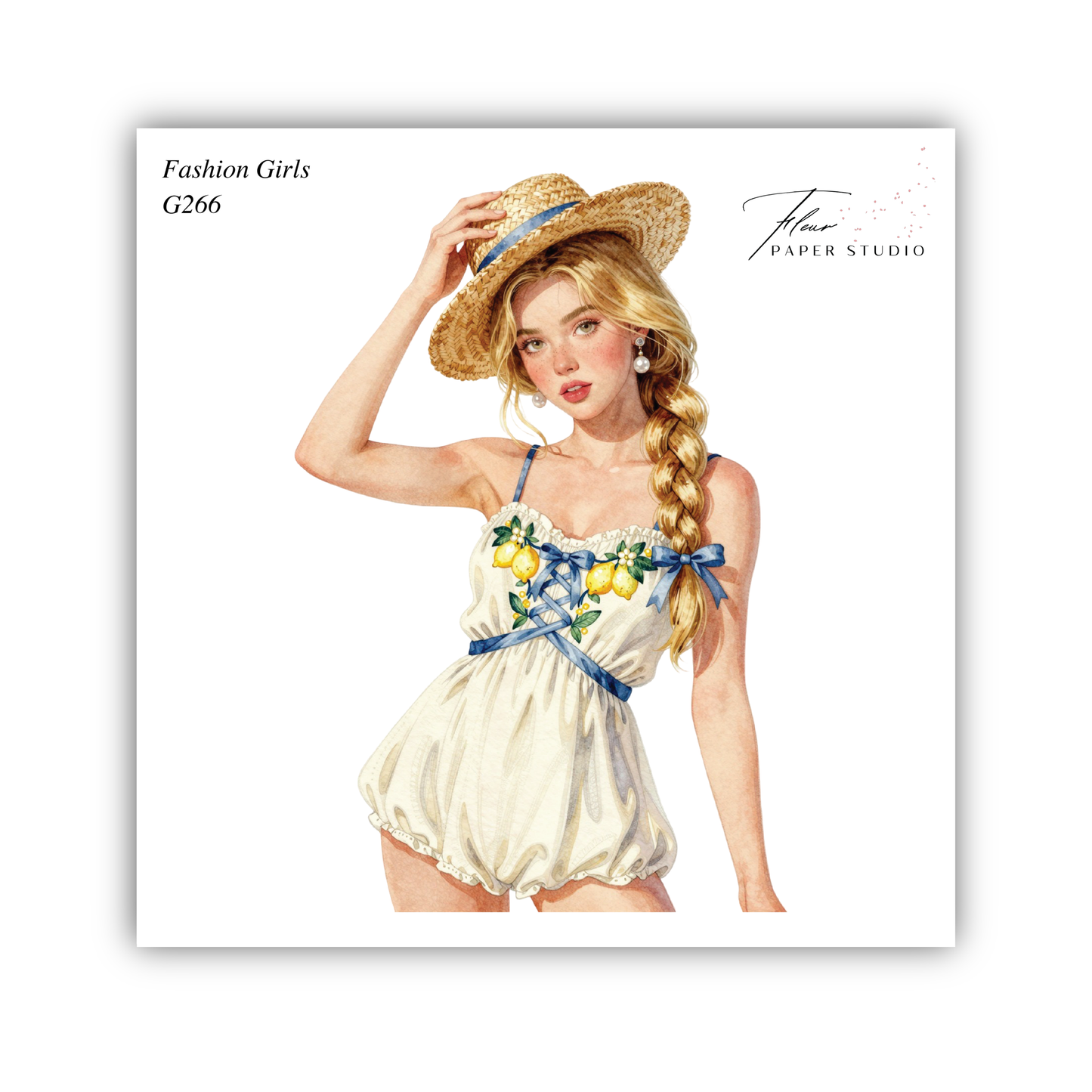 A watercolor illustration of a young woman wearing a white dress with yellow flowers and a straw hat, posing with her hand on her head.