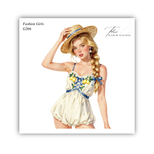 A watercolor illustration of a young woman wearing a white dress with yellow flowers and a straw hat, posing with her hand on her head.