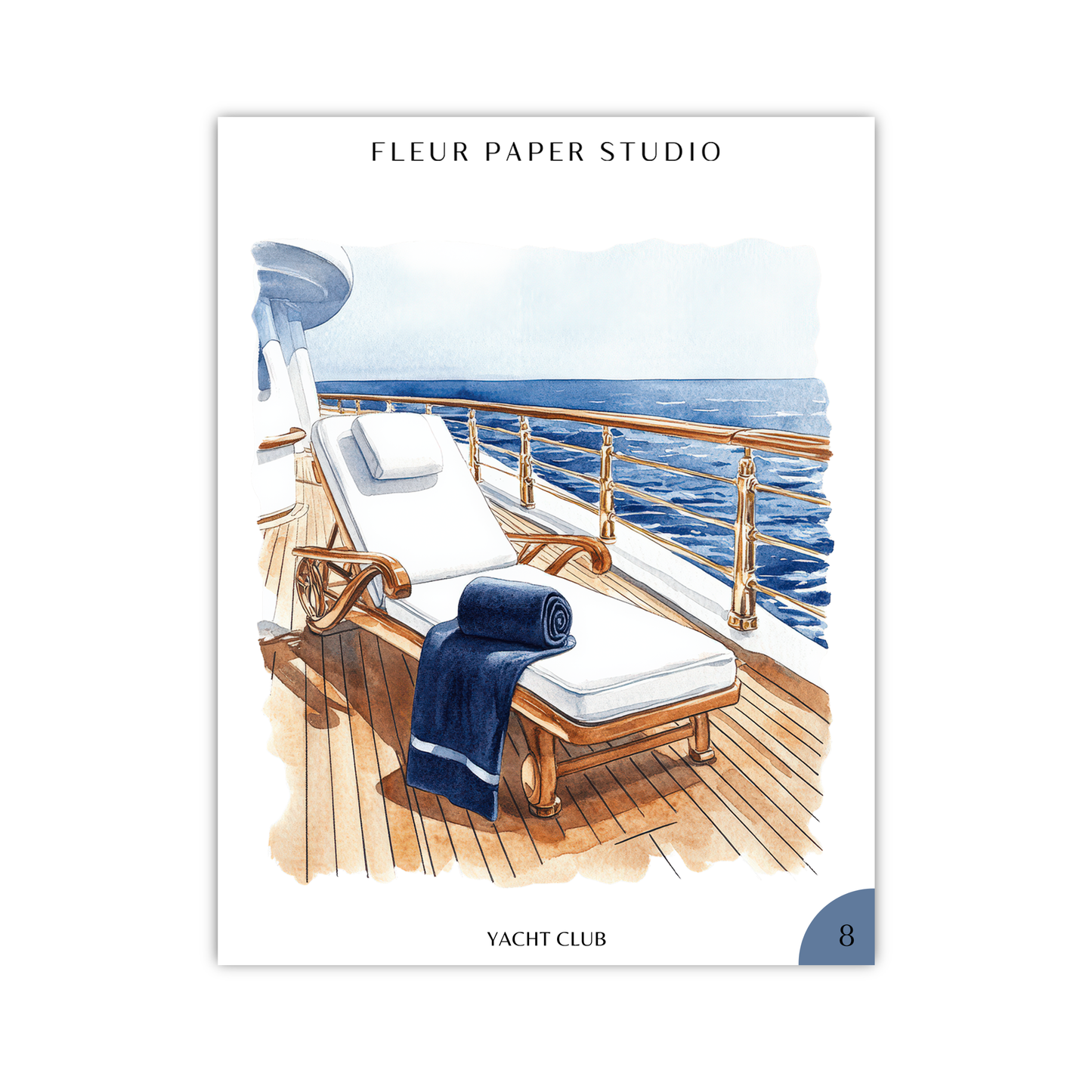 A watercolor painting depicting a deck chair on a yacht with a view of the ocean.