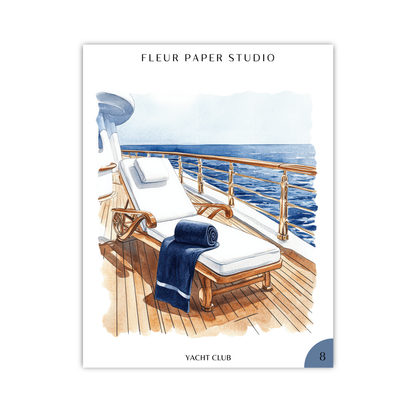 A watercolor painting depicting a deck chair on a yacht with a view of the ocean.
