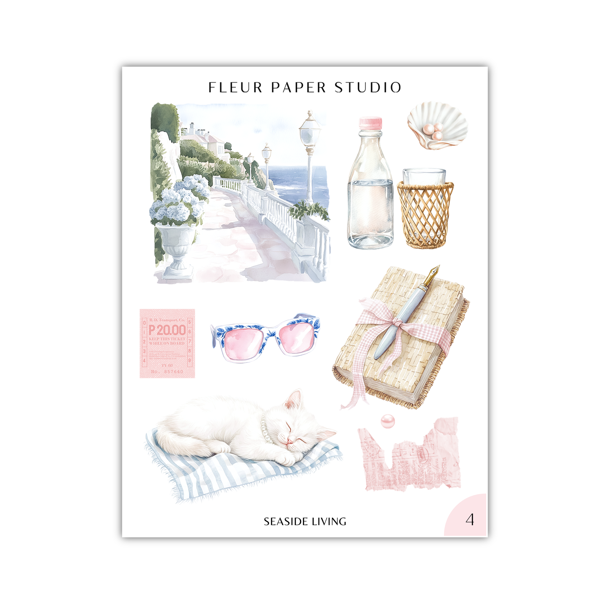 The image is a collage of various objects and scenes, including a white cat sleeping on a blanket, a bottle, a vase, a seashell, a pair of sunglasses, a notebook, and a lamp. The collage is titled "Fleur Paper Studio" and "Seaside Living", and the image is numbered "4".