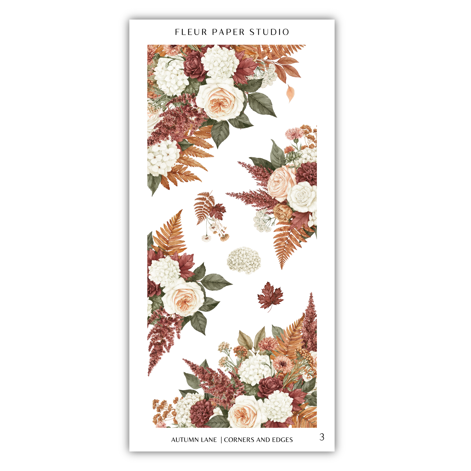 The image is a collage of various floral arrangements, including roses, hydrangeas, ferns, and other autumn-themed flowers. The image is titled "Autumn Lane / Corners and Edges" and is part of a series of images.