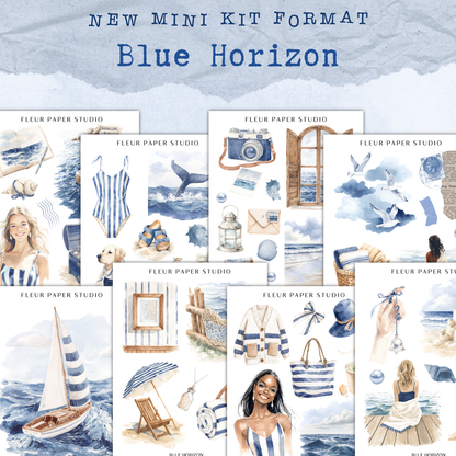 The image is a collage of various illustrations and objects related to the theme of "Blue Horizon", including a sailboat, a camera, a beach scene, and other beach-related items.