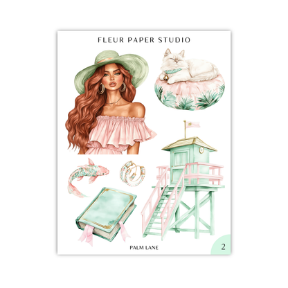 The image is a collage of various illustrations, including a woman with long brown hair wearing a pink dress and a green hat, a cat on a pink and green cushion, a green and white fish, a green and white book, and a green and white lifeguard tower.