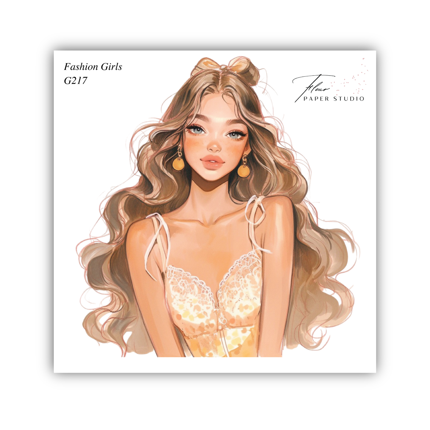 The image is a stylized illustration of a young woman with long, wavy hair and a yellow dress.