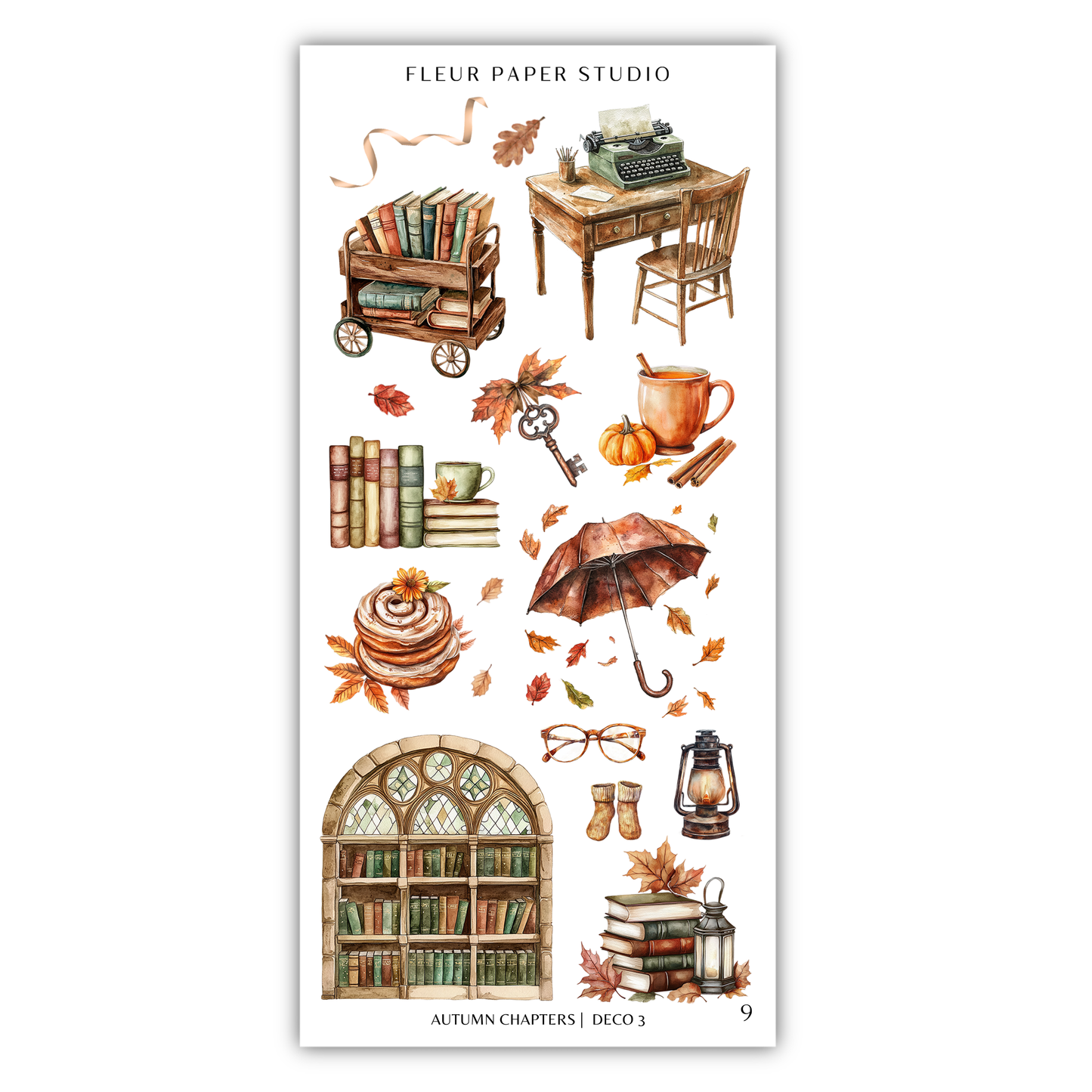 various autumn-themed objects and items, including books, a typewriter, a desk, a cup, a lantern, a pair of glasses, a pair of socks, a cake, a bookcase, and a lantern.