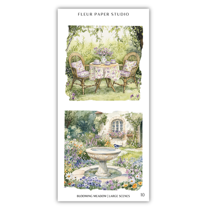The image is a collage of two large scenes depicting a garden with a table and chairs, as well as a fountain and a bird in the garden.