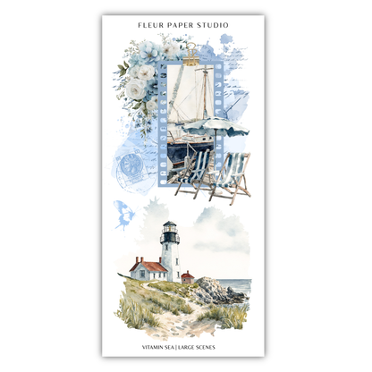 The image is a collage of various nautical scenes, including a lighthouse, a boat, and a beach with a small house.