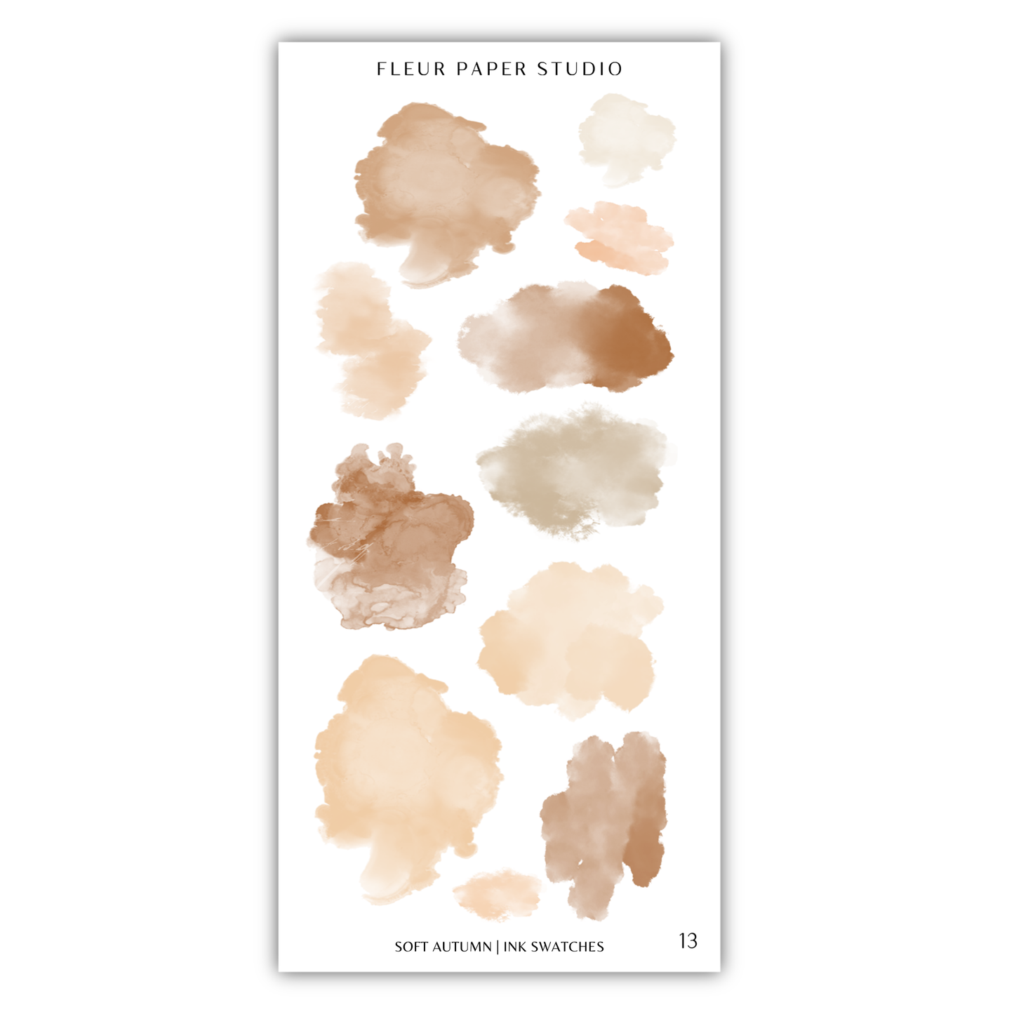 a collection of abstract watercolor brush strokes in various shades of brown, ranging from light to dark, arranged in a vertical column.
