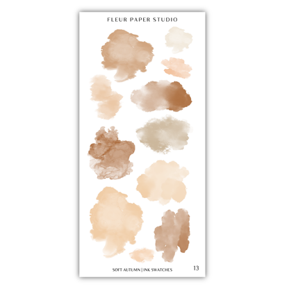 a collection of abstract watercolor brush strokes in various shades of brown, ranging from light to dark, arranged in a vertical column.