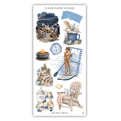 The image is a collage of various nautical and beach-themed elements, including a sailboat, a beach scene, a cup, a fireplace, a woman in a bikini, a paddleboard, a chair, and a vase.