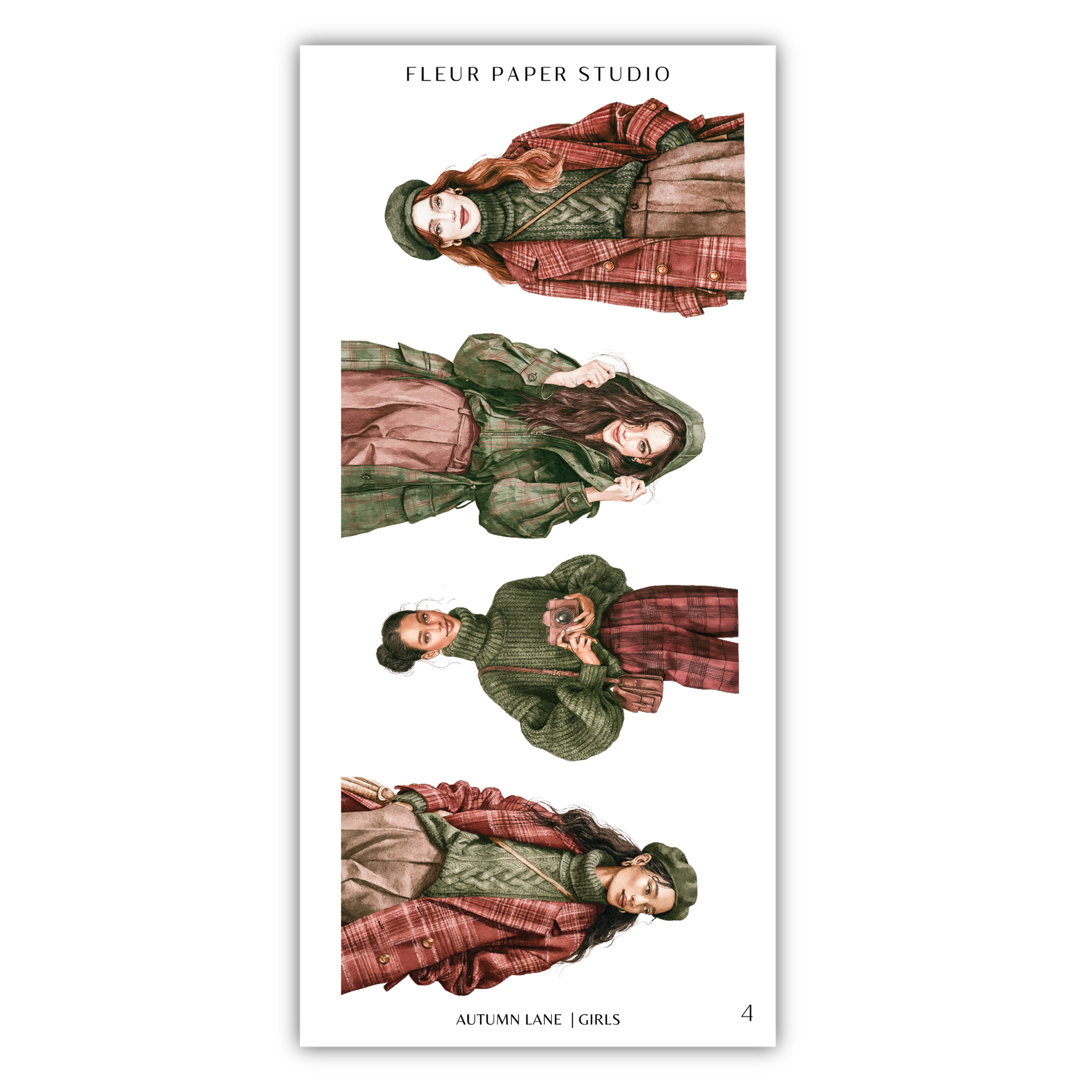 The image is a collage of four different illustrations of women wearing winter clothing, including coats, scarves, and hats.