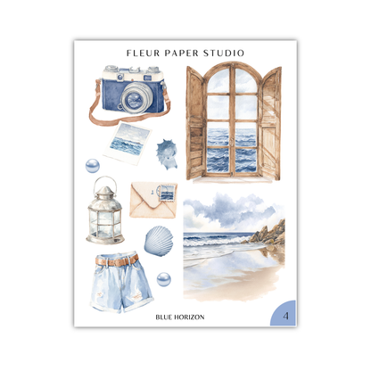 The image is a collage of various objects and scenes related to the theme of "Blue Horizon", including a camera, a window, a lantern, a seashell, and a beach.