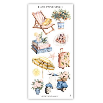 various decorative items and objects, including a striped lawn chair, a potted plant, a basket of flowers, a suitcase, a book, a vase, a lemon, a starfish, and a scooter.