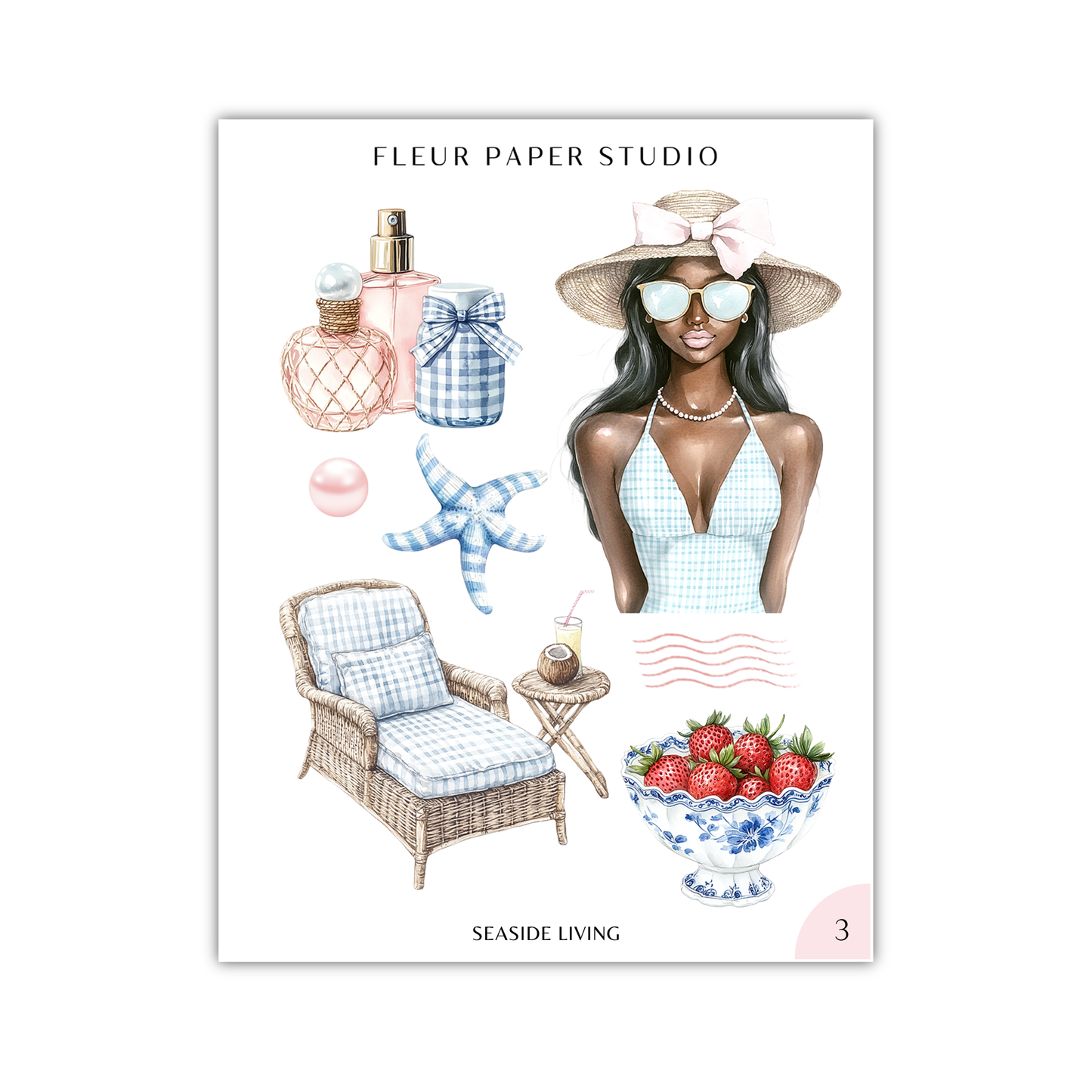 The image is a collage of various objects and scenes related to seaside living, including a woman in a hat, a wicker chair, a bottle, a starfish, a bowl of strawberries, and a pink ribbon.
