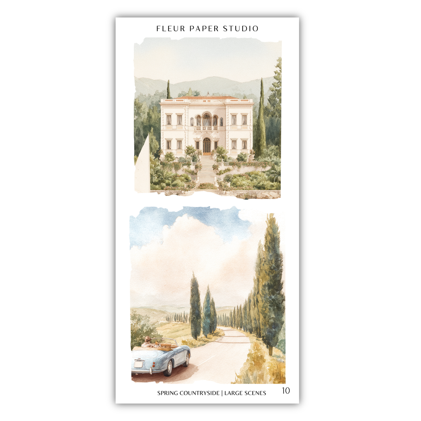 The image is a collage of two large scenes, one depicting a grand white building surrounded by lush greenery, and the other showing a scenic countryside road with a car driving down it.