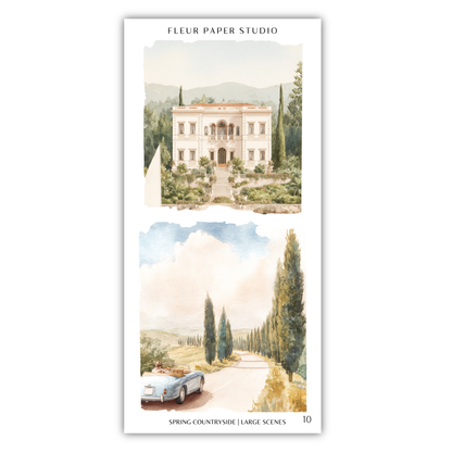 The image is a collage of two large scenes, one depicting a grand white building surrounded by lush greenery, and the other showing a scenic countryside road with a car driving down it.