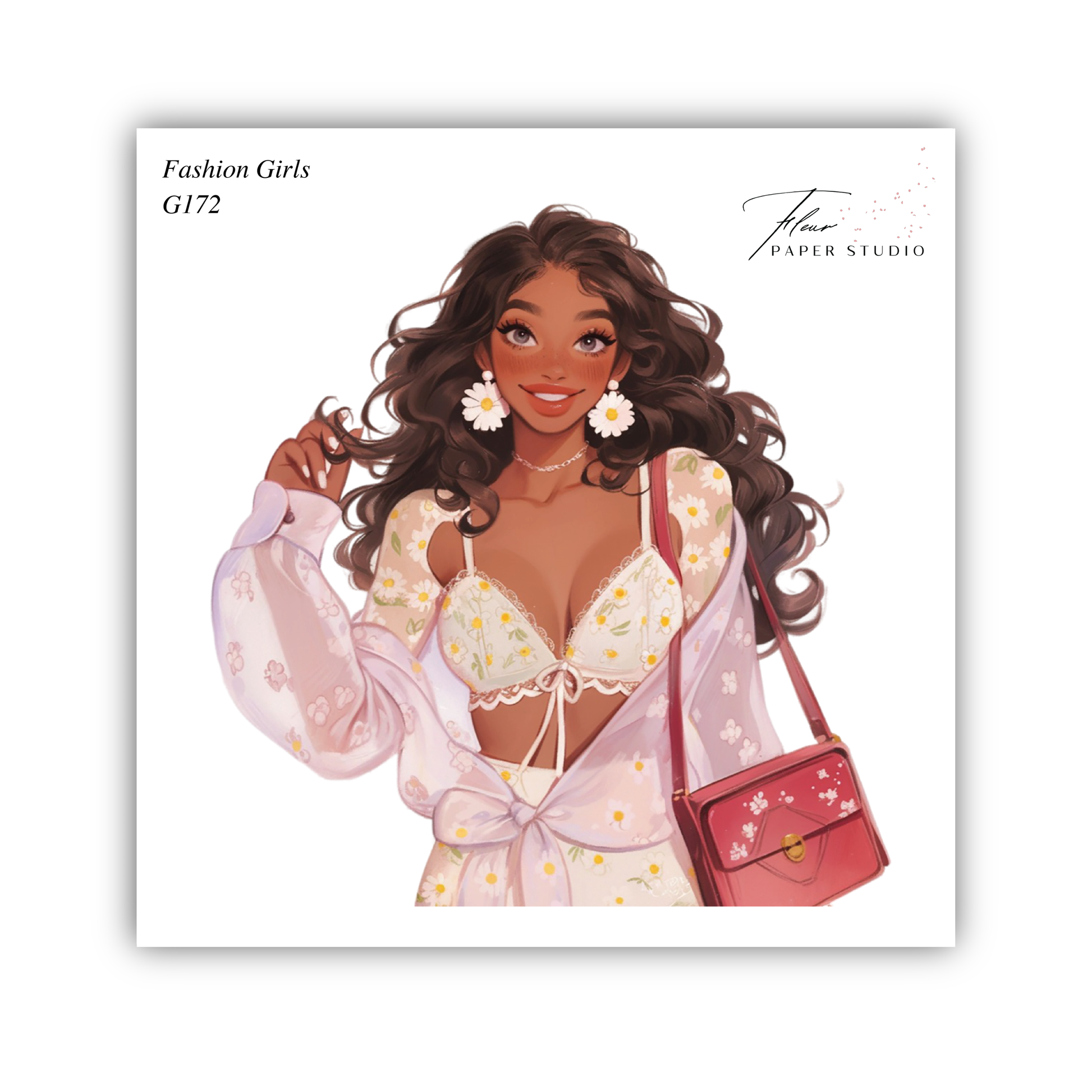 A stylized illustration of a young woman with long, curly hair wearing a white dress with yellow flowers, holding a red purse, and smiling.