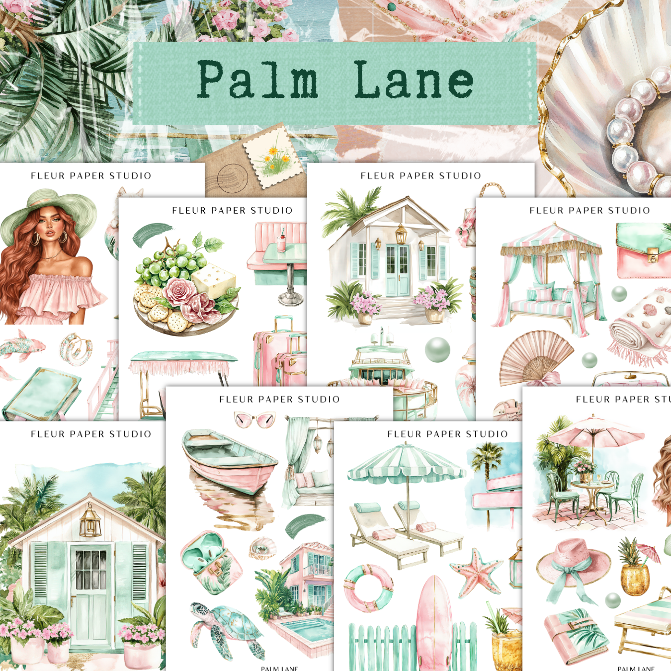 The image is a collage of various illustrations and designs related to the concept of "Palm Lane", featuring elements such as a woman in a pink dress, a house, a boat, a palm tree, and other tropical and beach-themed objects.