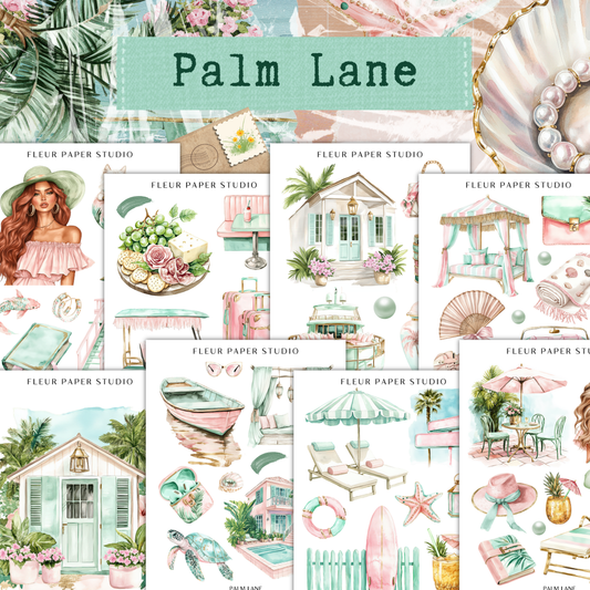 The image is a collage of various illustrations and designs related to the concept of "Palm Lane", featuring elements such as a woman in a pink dress, a house, a boat, a palm tree, and other tropical and beach-themed objects.