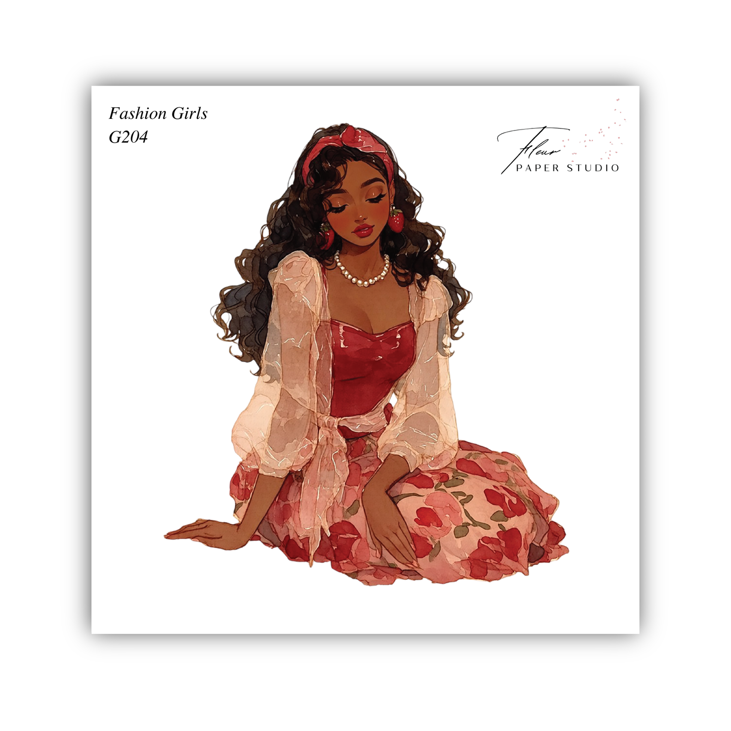 A stylized illustration of a woman with long, curly hair wearing a red dress and a headband, sitting on the ground.