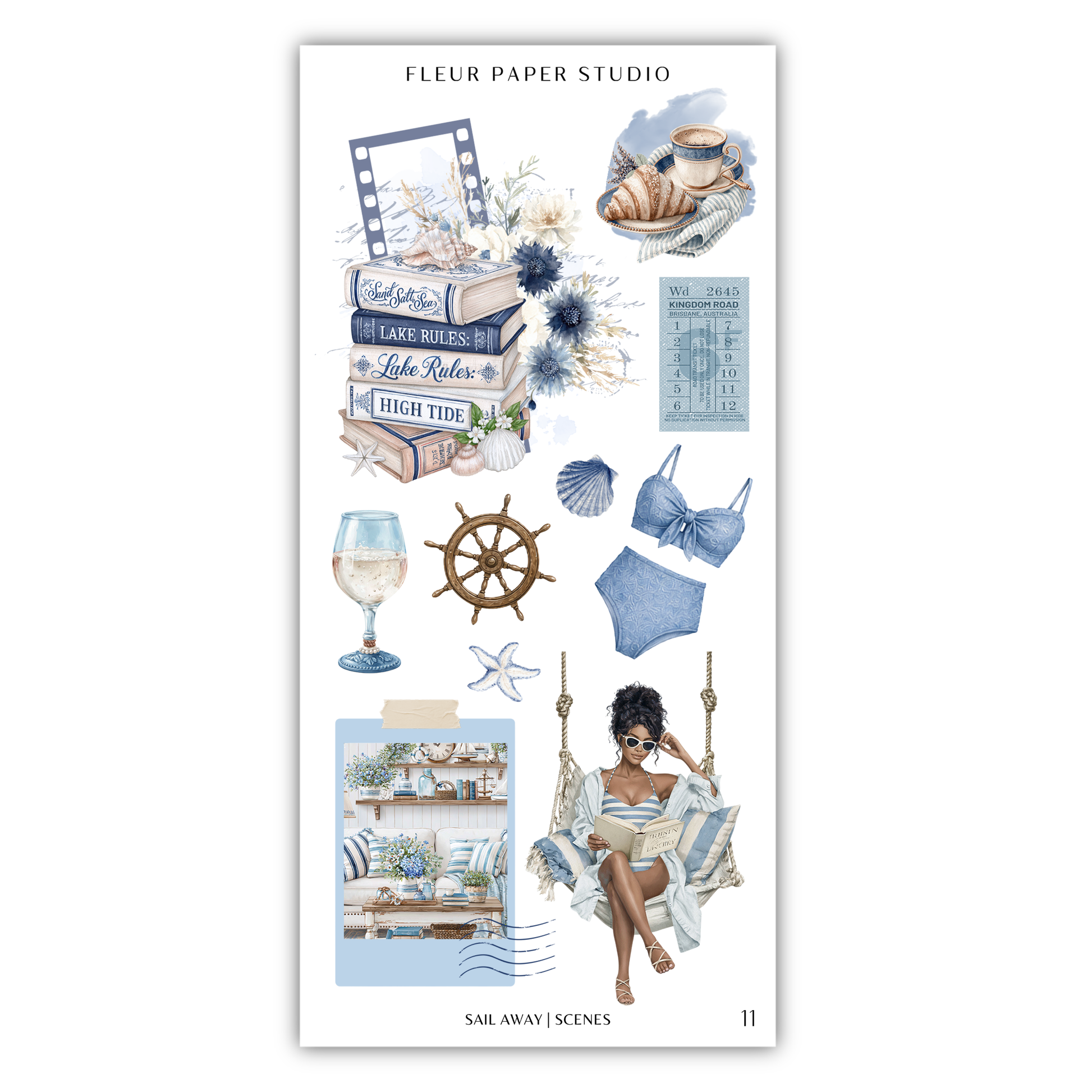 various nautical and beach-themed elements, including books, a cup, a boat, a woman, and other decorative items. The image is a collage of different scenes and objects, and it does not contain any text that can be described in fewer than 500 characters.