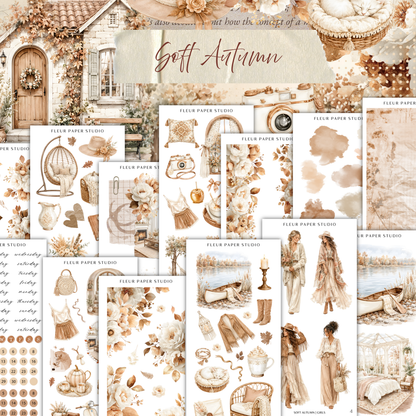 The image is a collage of various illustrations and objects related to the concept of "Soft Autumn". It includes images of a house, flowers, clothing, and other autumn-themed items. The collage is titled "Soft Autumn" and features a variety of elements that evoke the cozy and serene atmosphere of the season.