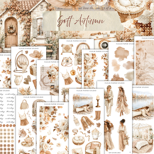 The image is a collage of various illustrations and objects related to the concept of "Soft Autumn". It includes images of a house, flowers, clothing, and other autumn-themed items. The collage is titled "Soft Autumn" and features a variety of elements that evoke the cozy and serene atmosphere of the season.