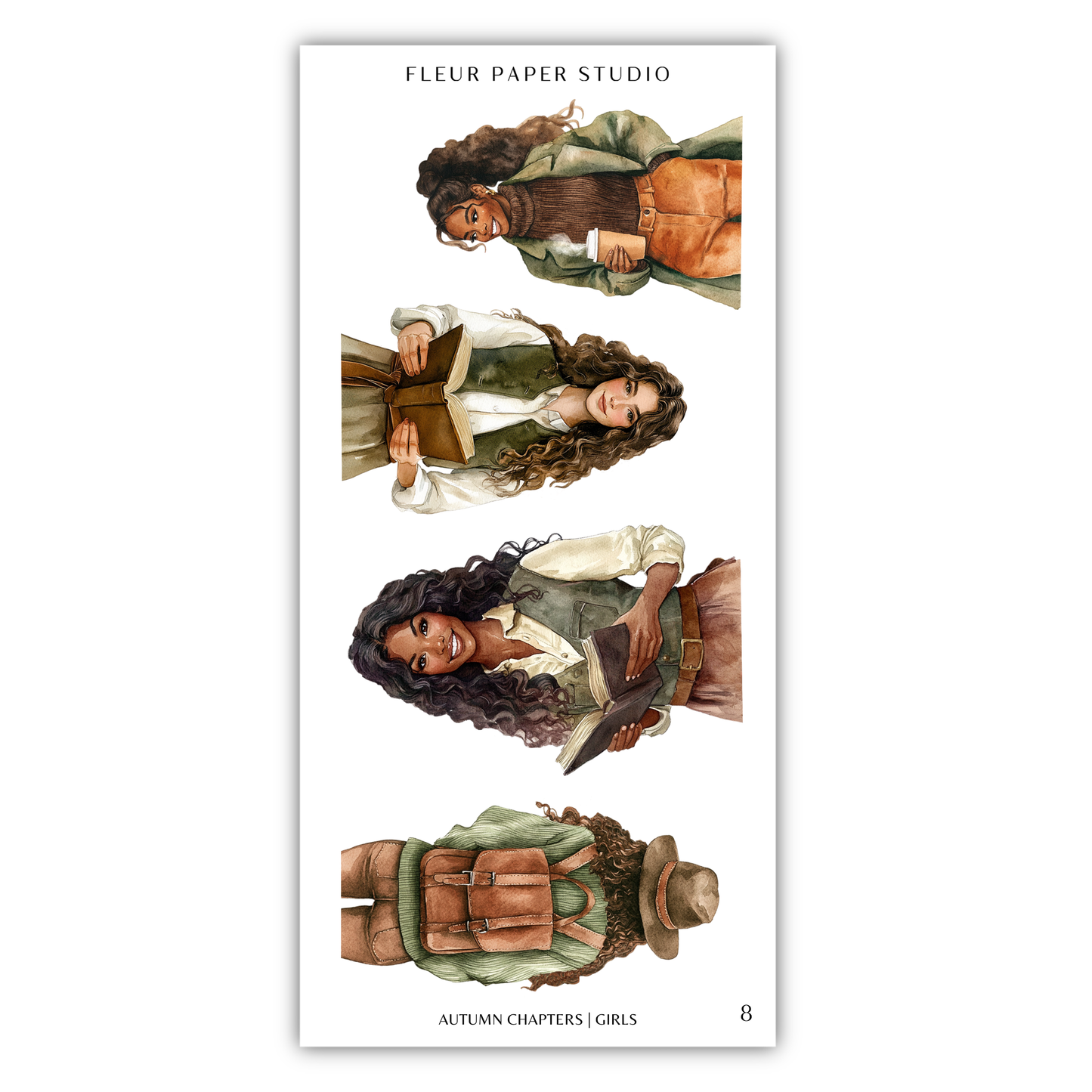 The image is a collage of four illustrations depicting women in various poses and outfits, with the text "FLÉR PAPER STUDIO" and "Autumn Chapters / Girls" at the top and bottom, respectively.