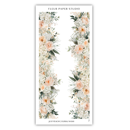 a floral arrangement with white and peach flowers, along with greenery, displayed on a white background.