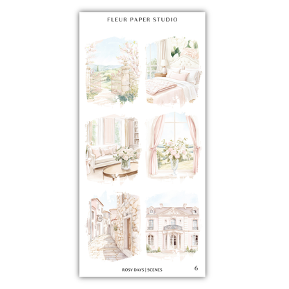 The image is a collage of six scenes depicting various interior and exterior settings, including a garden, a bedroom, a building, a vase of flowers, a path, and a castle.