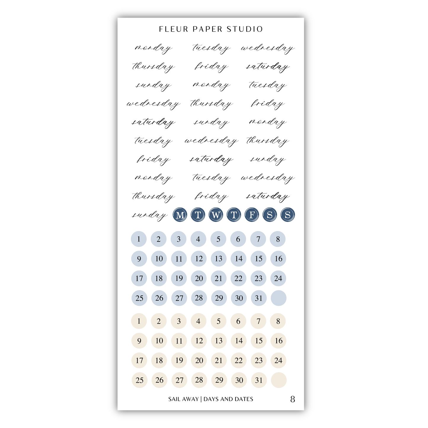 The image is a calendar and sticker set for the Fleur Paper Studio, featuring a calendar with days of the week and a set of stickers with the days of the week and dates.