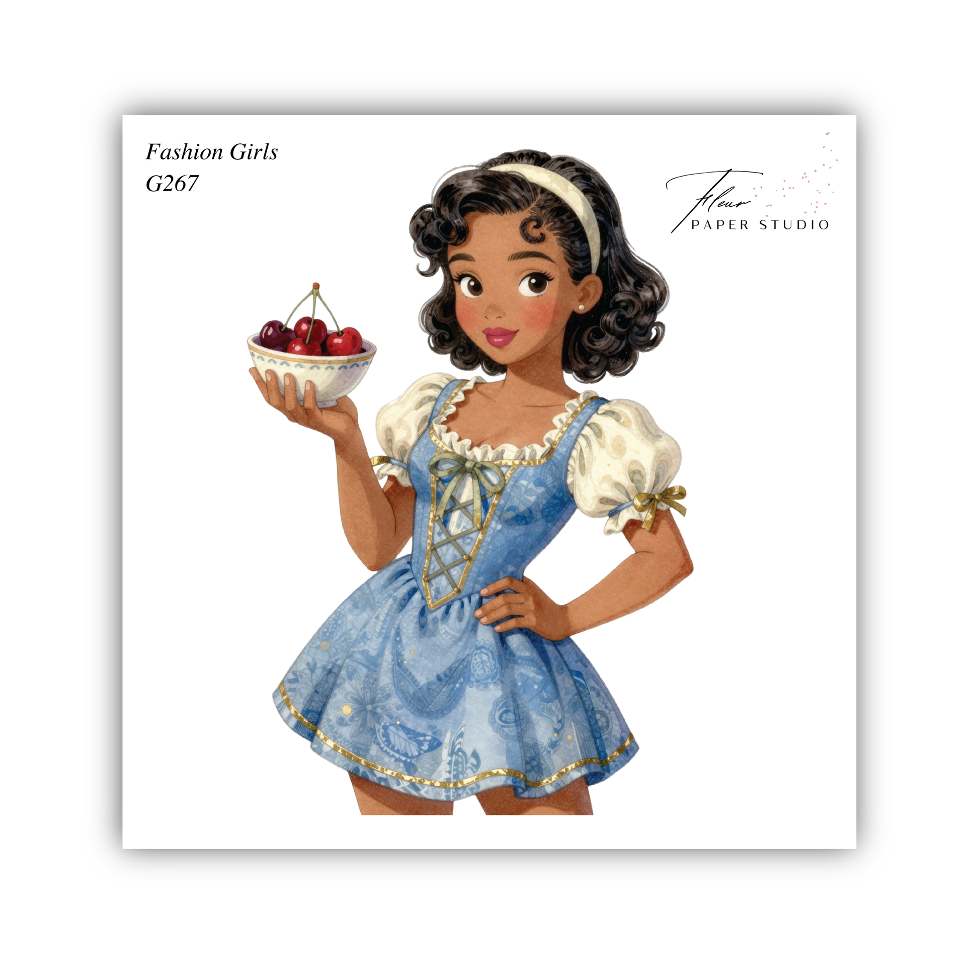 A young girl in a blue dress holding a bowl of cherries, with a handwritten signature in the top right corner.